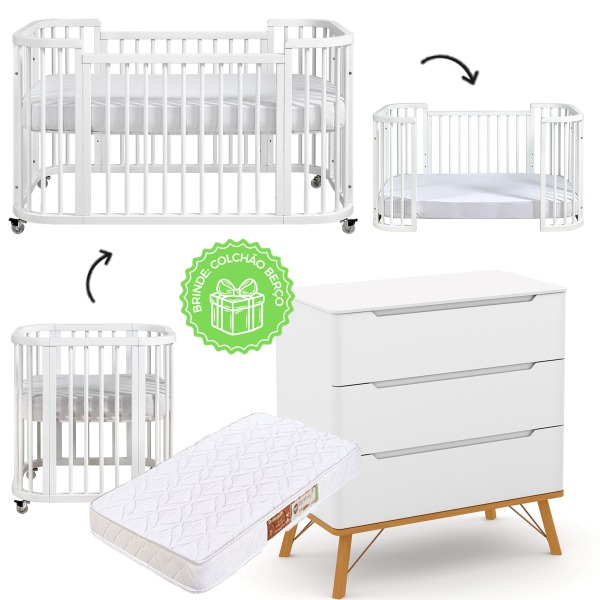 Conjunto - Berço Evolutivo 3 em 1 Sleep + Cômoda Albi - Branco - BRINDE: Colchões De Berço e Mini Berço