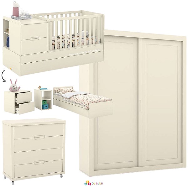 Quarto Completo - Berço Formare + Gaveteiro Tutto + Roupeiro 2 Portas de Correr Tutto - Off White