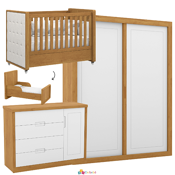 Quarto Completo - Berço Tutto Com Capitone + Cômoda Tutto + Roupeiro 2 Portas de Correr Tutto - Branco / Freijo - prontaentrega