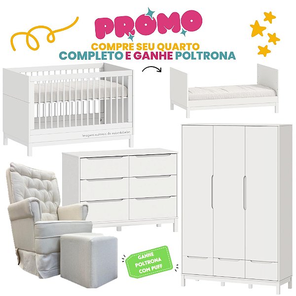 Quarto Completo - Cozy - Berço + Cômoda 6 Gavetas + Roupeiro 3 Portas - Branco - BRINDE: Poltrona Sonhos com Puff e Balanço: Tecido Linho Bege - prontaentrega