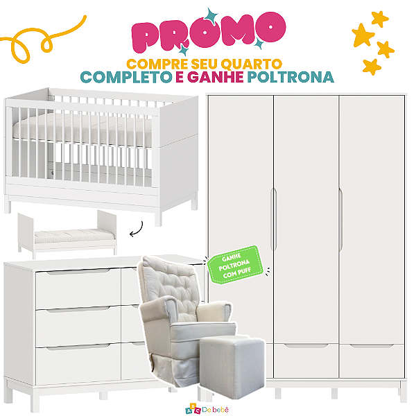 Quarto Completo - Cozy - Berço + Cômoda 6 Gavetas + Roupeiro 3 Portas - Branco - BRINDE: Poltrona Sonhos com Puff e Balanço: Tecido Linho Bege - prontaentrega