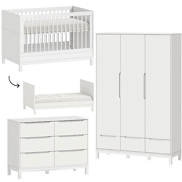 Quarto Completo - Cozy - Berço 2 Em 1 + Cômoda 6 Gavetas + Roupeiro 3 Portas - Branco Fosco - prontaentrega