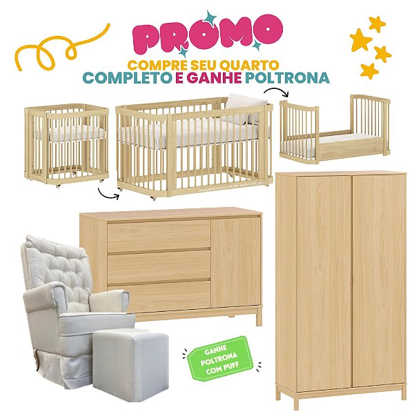 Quarto Completo - Berço 3 em 1 Carvalho + Cômoda Soley + Roupeiro 2 Portas - Carvalho Malva - Brinde: Poltrona de Amamentação Sonhos com Puff: Linho Bege