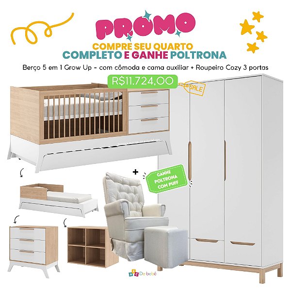 Quarto Completo - Berço Grow Up Multifuncional + Roupeiro 3 Portas Cozy - Branco / Carvalho Malva - Brinde: Poltrona de Amamentação Sonhos com Puff: Linho Bege