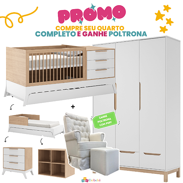 Quarto Completo - Berço Grow Up Multifuncional + Roupeiro 3 Portas Cozy - Branco / Carvalho - Brinde: Poltrona de Amamentação Sonhos com Puff: Linho Bege