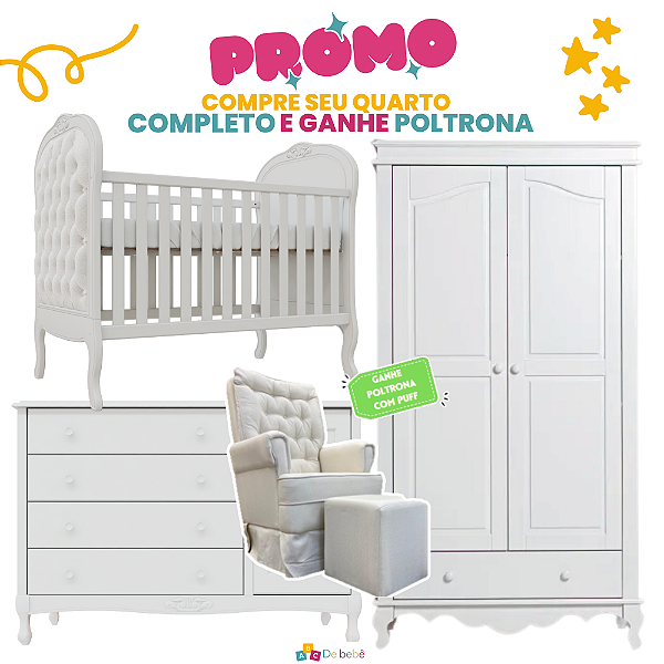 Quarto Completo - Berço Opera + Cômoda Opera + Roupeiro 2 Portas Fada - Branco - Brinde: Poltrona de Amamentação Sonhos com Puff: Linho Bege