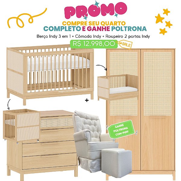 Quarto Completo Indy - Berço 3 em 1 + Cômoda + Roupeiro 2 Portas - Carvalho - Brinde: Poltrona de Amamentação Sonhos com Puff: Linho Bege