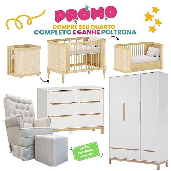 Quarto Completo - Berço 3 em 1 Paglia + Cômoda Cozy + Roupeiro 3 Portas Cozy - Branco / Carvalho - Brinde: Poltrona de Amamentação Sonhos com Puff: Linho Bege