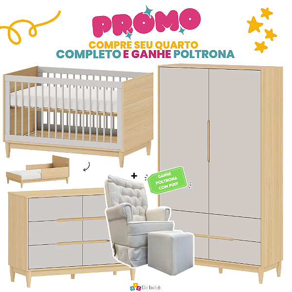 Quarto Completo - Tomi - Berço + Cômoda 6 Gavetas + Roupeiro 2 Portas - Cinza Com Carvalho