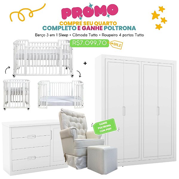 Quarto Completo - Berço Sleep 3 em 1 + Cômoda com Porta Tutto + Roupeiro 4 Portas Tutto - Branco - BRINDE: Poltrona Sonhos com Puff e Balanço: Tecido Linho Bege - prontaentrega