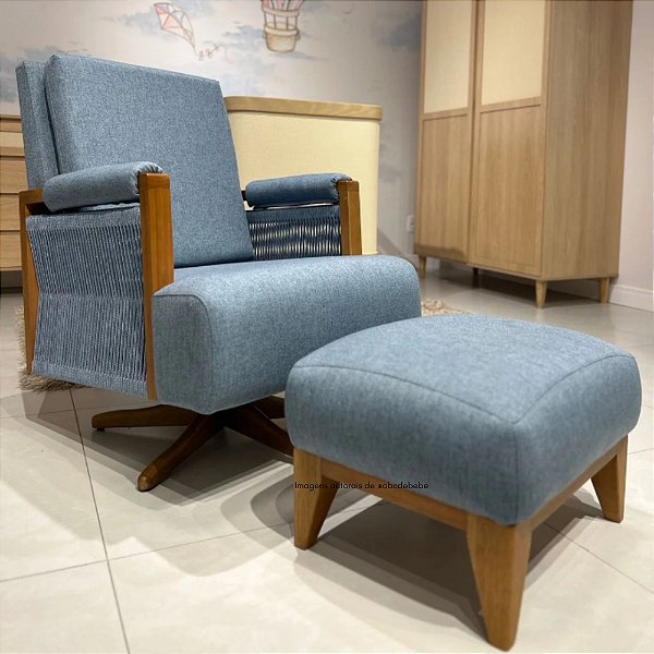 Poltrona De Amamentação Vivre - Com Balanço e Pés Giro - Tecido 108A - Linho Azul - prontaentrega