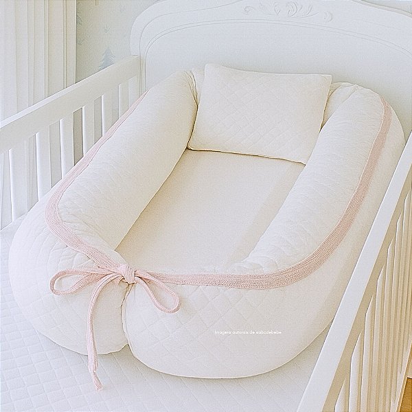 Ninho Plus + Travesseiro - Malha Jaquard Branco / Rosa Pastel 003 - Cordão Tricot