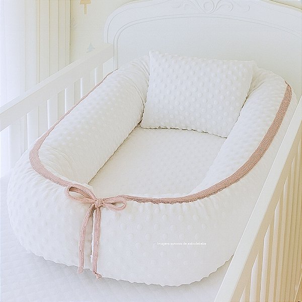 Ninho Redutor Bolha + Travesseiro - Pelúcia Branco / Rose 004 - Cordão Tricot