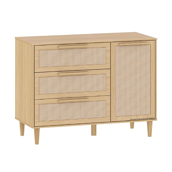 Cômoda Paglia Pro - 3 Gavetas - 1 Porta - Com Detalhes em Rattan e Madeira  - Carvalho Malva