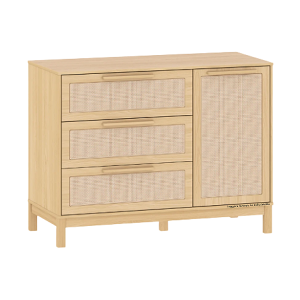 Cômoda Indy - 3 Gavetas - 1 Porta - Com Detalhes em Rattan - Carvalho Malva