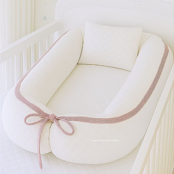 Ninho Plus + Travesseiro - Malha Jaquard Branco / Rosa Prata 012 - Cordão Tricot