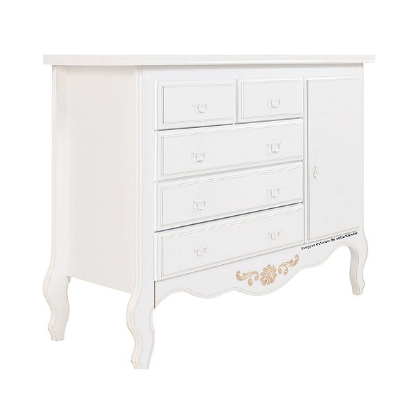 Cômoda Entalhada - 5 Gavetas e 1 porta - Branco Provençal