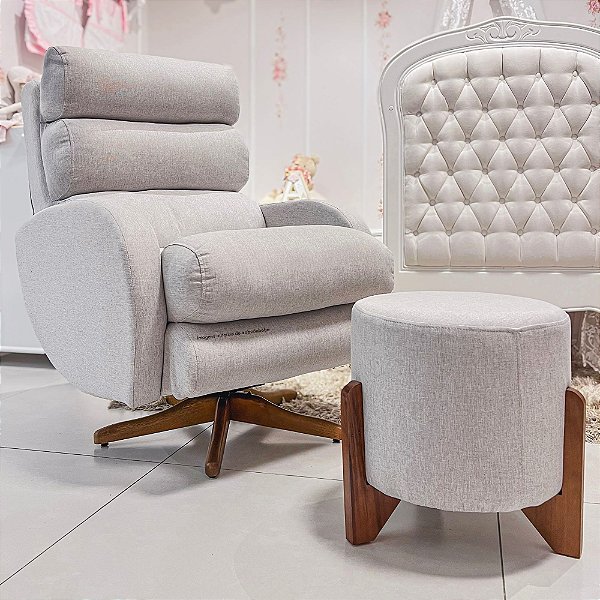 Poltrona De Amamentação Mayla - Com Balanço e Giro - Com Puff Mayla - Linho Cinza 510 - prontaentrega