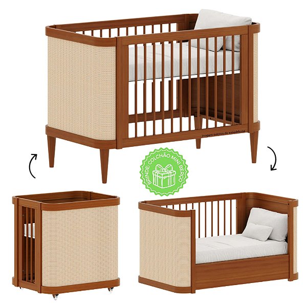 Berço Paglia - 3 em 1 - Paglia Nogueira com Palhinha Natural