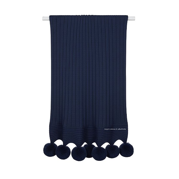 Manta De Pompom - Tricot - Trama Canelado 5x5 - Azul Marinho Naval