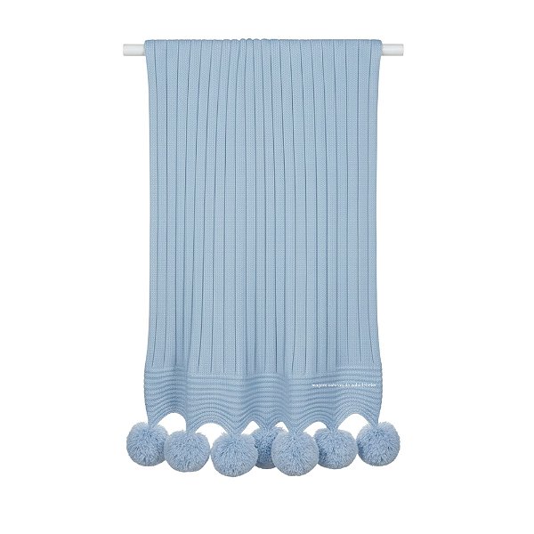 Manta De Pompom - Tricot - Trama Canelado 5x5 - Azul Canto