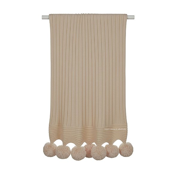 Manta De Pompom - Tricot - Trama Canelado 5x5 - Bege Sisal
