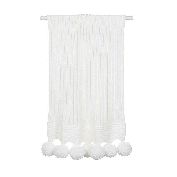 Manta De Pompom - Tricot - Trama Canelado 5x5 - Branco