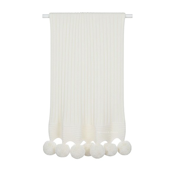 Manta De Pompom - Tricot - Trama Canelado 5x5 - Off White Natural