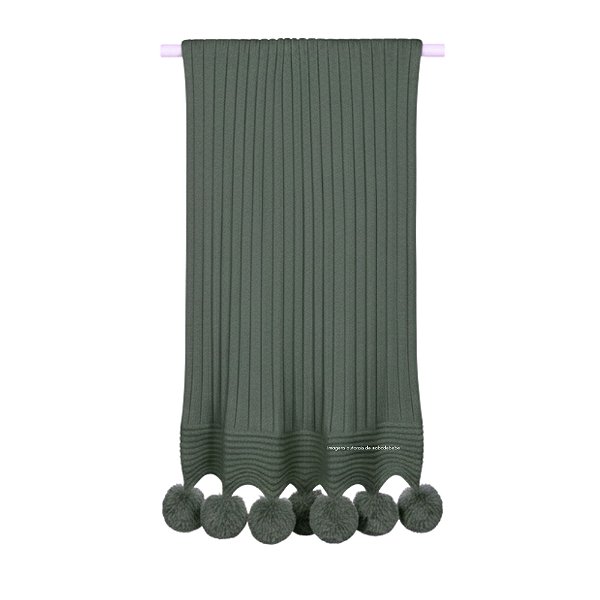 Manta De Pompom - Tricot - Trama Canelado 5x5 - Verde Eucaliptus