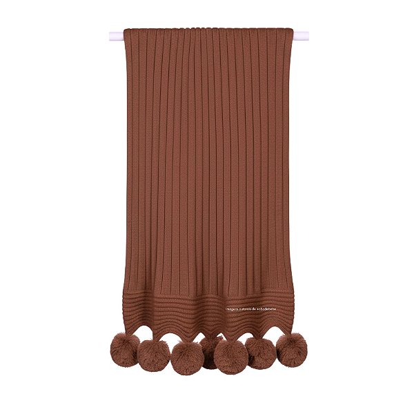 Manta De Pompom - Tricot - Trama Canelado 5x5 - Marrom Raiz