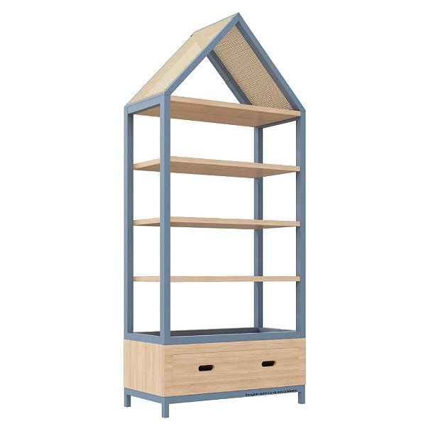 Estante Tupi 90 - Com Telhado - Carvalho / Azul Sereno