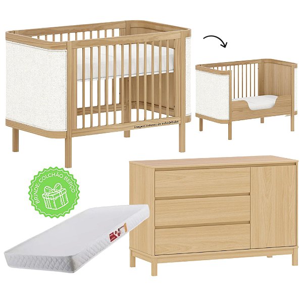 Conjunto - Berço 2 Em 1 + Cômoda 3 Gavetas E 1 Porta Soley - Carvalho Malva