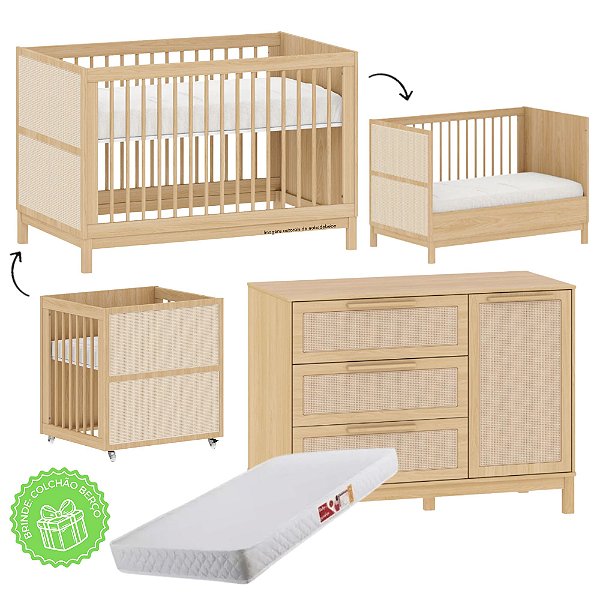 Conjunto - Berço Evolutivo 3 Em 1 + Cômoda 3 Gavetas E 1 Porta Indy - Carvalho Malva