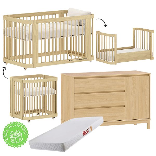 Conjunto - Berço Evolutivo 3 em 1 + Cômoda 3 Gavetas E 1 Porta Soley - Carvalho Malva
