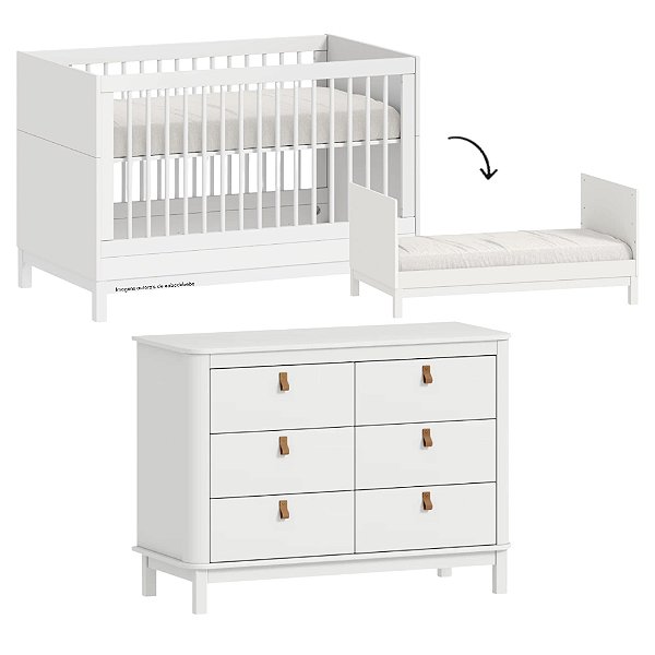 Conjunto - Berço Cozy 2 em 1 + Cômoda Cromo Com Puxadores Em Couro - Branco - prontaentrega