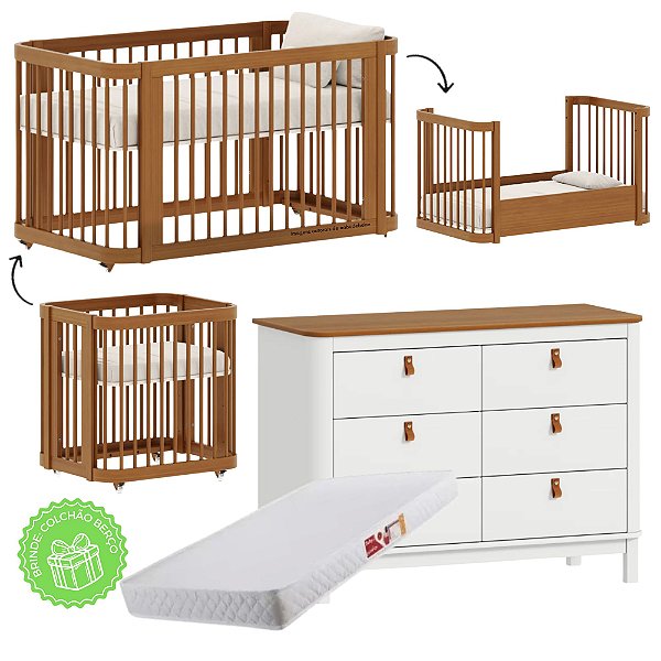 Conjunto - Berço Evolutivo 3 em 1 + Cômoda Cromo Com Puxadores Em Couro E Tampo Em Nogueira - Nogueira / Branco