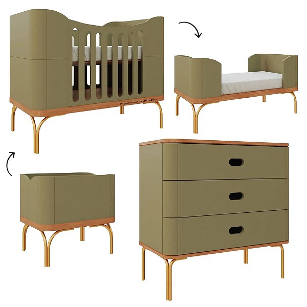 Conjunto - Berço 3 em 1 Aquarela + Cômoda Aquarela Cacto - prontaentrega