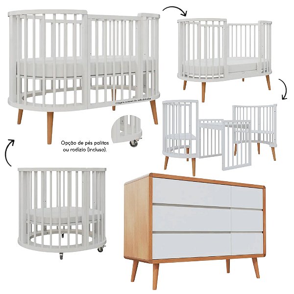 Conjunto - Berço 4 Em 1 Sonhos + Cômoda Sonhos Com Porta - Branco Com Madeira