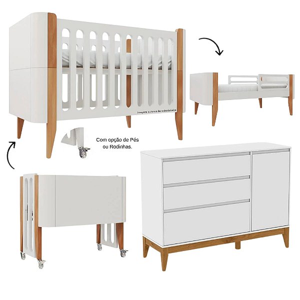 Conjunto - Berço Bo 3 Em 1 Palitado + Cômoda Nature Clean - Branco Com Madeira / Branco Soft