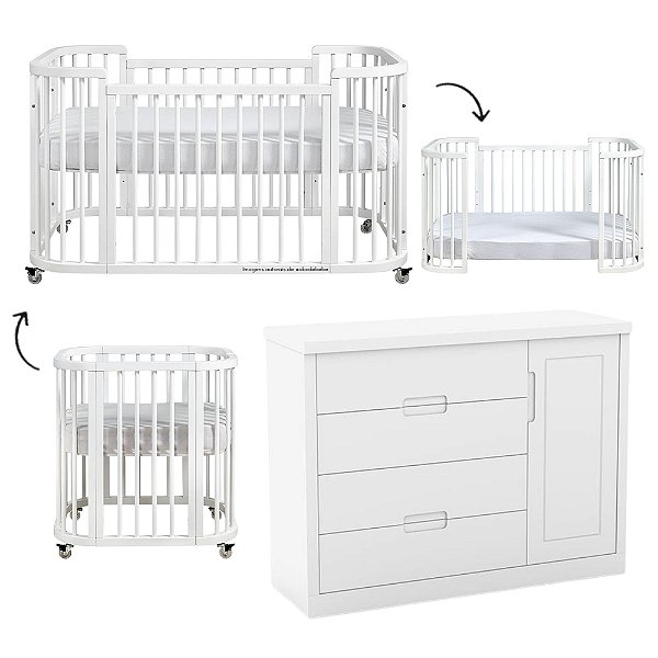 Conjunto - Berço Sleep 3 Em 1 + Cômoda Tutto - Branco / Branco Soft - prontaentrega