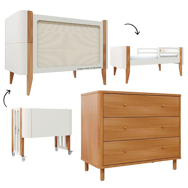 Conjunto - Berço Bo Palha 3 Em 1 - Cômoda Joy - Areia Com Madeira / Madeira