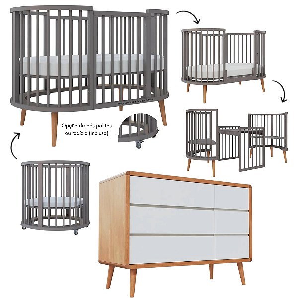 Conjunto - Berço Sonhos 4 Em 1 - Cômoda Sonhos Com Porta - Fendi / Jequitibá - Branco / Jequitibá - prontaentrega