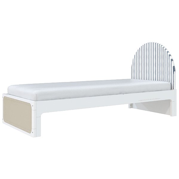 Cama Skandi Com Cabeceira Estofada - Sarja Listra Anis / Branco