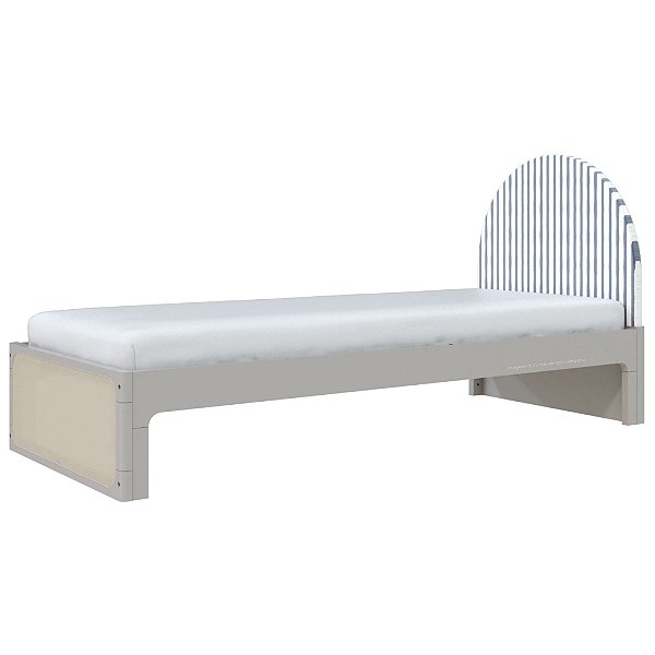 Cama Skandi Com Cabeceira Estofada - Sarja Listra Anis / Cinza