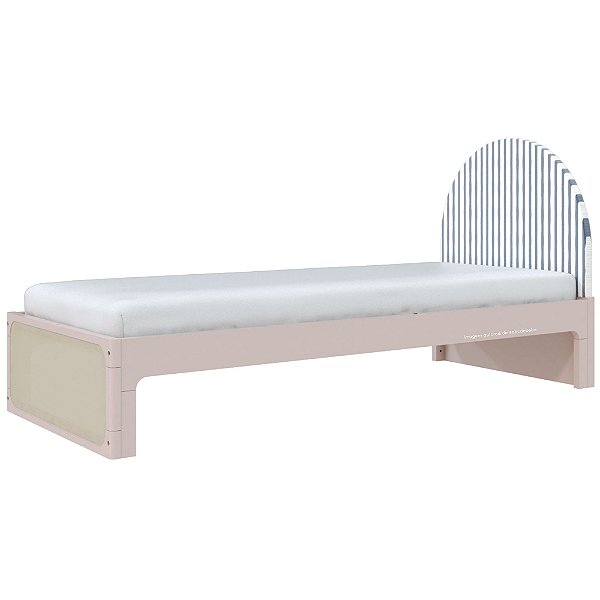 Cama Skandi Com Cabeceira Estofada - Sarja Listra Anis / Rosa Old