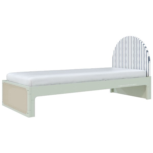 Cama Skandi Com Cabeceira Estofada - Sarja Listra Anis / Verde Old