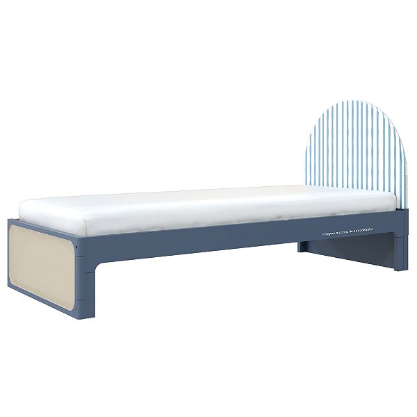 Cama Skandi Com Cabeceira Estofada - Sarja Listra Azul Sereno / Anis