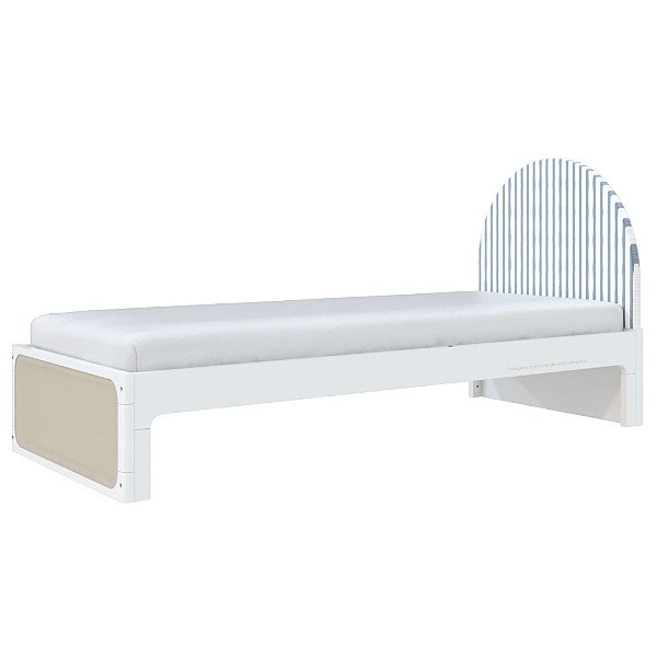 Cama Skandi Com Cabeceira Estofada - Sarja Listra Azul Sereno / Branco