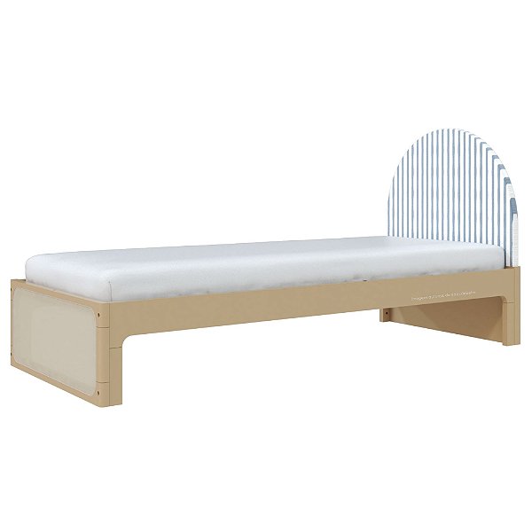 Cama Skandi Com Cabeceira Estofada - Sarja Listra Azul Sereno / Capuccino