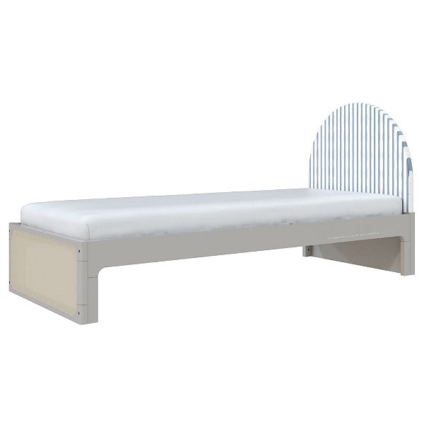 Cama Skandi Com Cabeceira Estofada - Sarja Listra Azul Sereno / Cinza